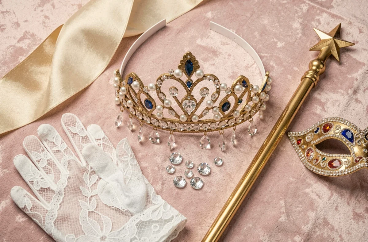 Flat lay d'accessoires de déguisement princesse pour carnaval avec couronne baroque, masque et sceptre doré