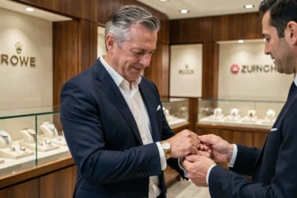 Homme en blazer marine examinant une montre Rolex dans une boutique horlogère suisse à Zurich