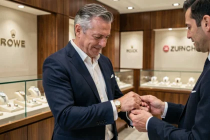 Homme en blazer marine examinant une montre Rolex dans une boutique horlogère suisse à Zurich