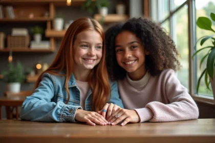 Deux adolescentes souriantes avec bagues en forme de cœur