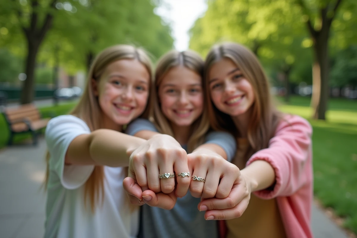 Trois amis avec bagues cœur dans un parc urbain en plein air