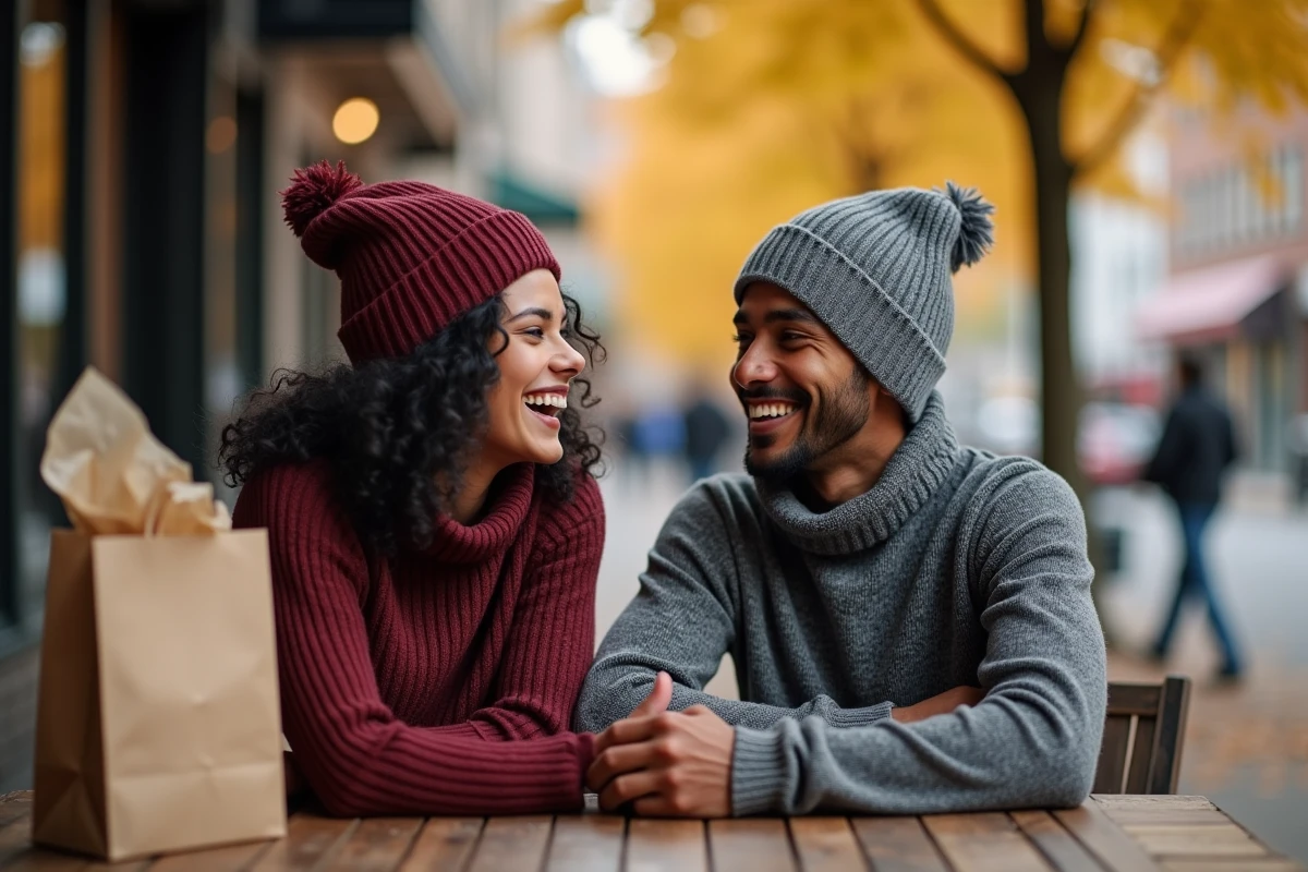 Deux amis portant des bonnets colorés assis en terrasse en automne avec un sac cadeau sur la table