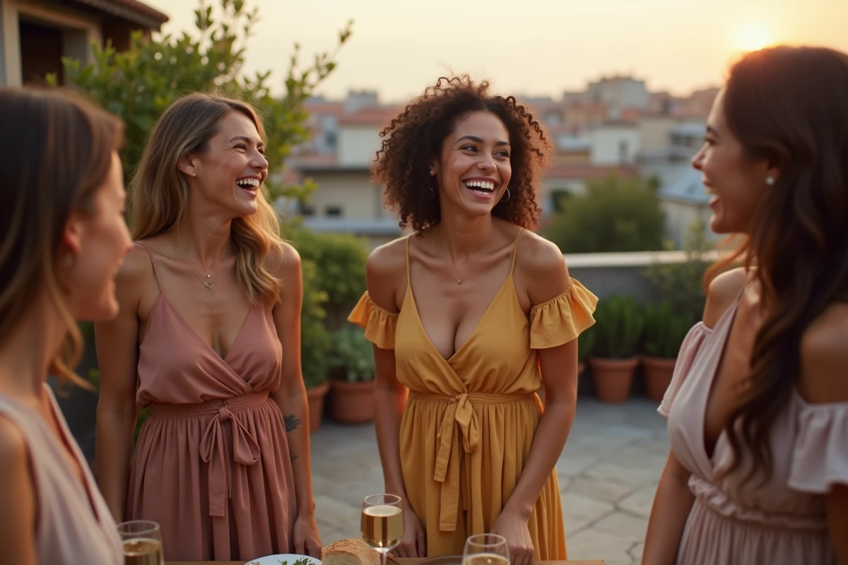 Groupe d amis riant lors d une fête en extérieur avec vêtements durables