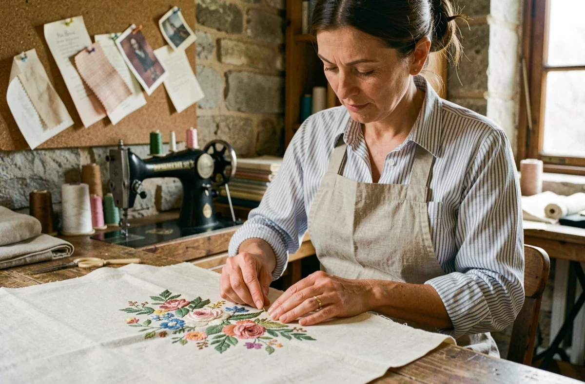 Couturière artisanale de l'Atelier 73 en train de broder à la main un tissu délicat dans son atelier provençal