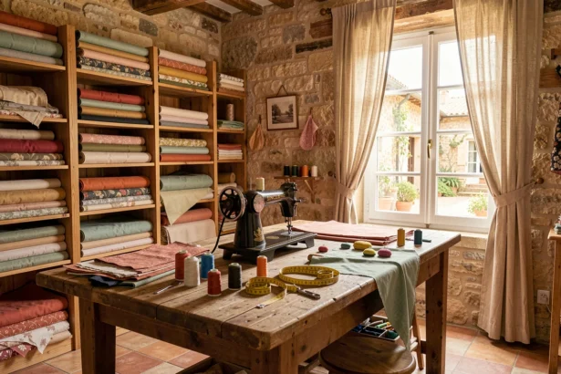 Atelier de couture artisanale en Provence avec machine à coudre vintage, tissus colorés et outils de couture sur une grande table de travail