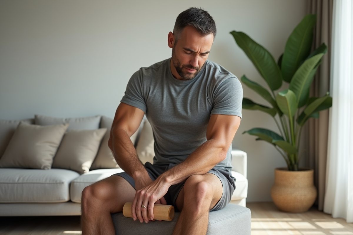 Homme faisant auto-massage avec rouleau en bois chez lui