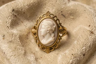 Gros plan d'une bague camée ancienne en or jaune avec relief en coquille sur velours crème, évoquant la valeur sentimentale et le patrimoine familial