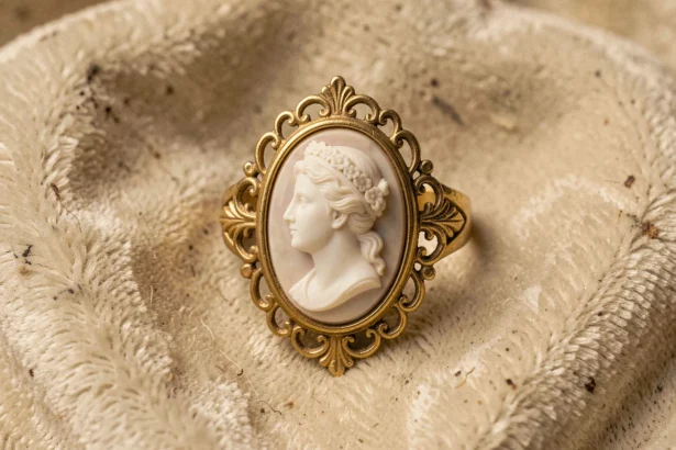 Gros plan d'une bague camée ancienne en or jaune avec relief en coquille sur velours crème, évoquant la valeur sentimentale et le patrimoine familial