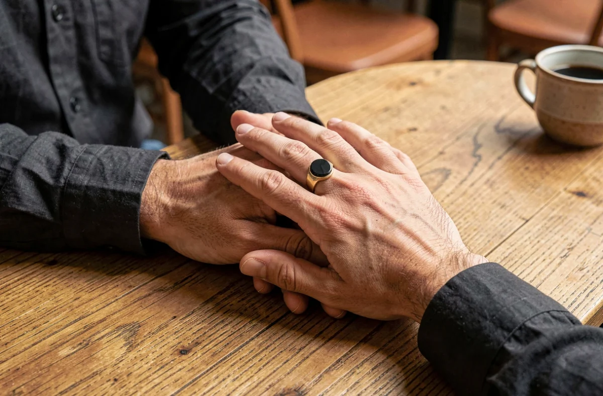 Bague chevalière onyx homme portée au petit doigt sur table en chêne dans un café chaleureux et sobre