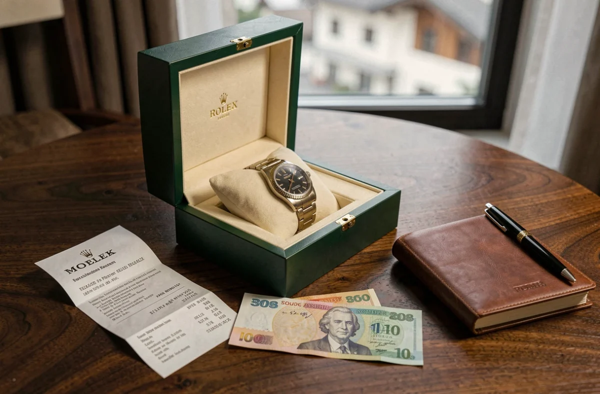 Boîte de montre Rolex ouverte sur un bureau en noyer avec reçu suisse et francs suisses