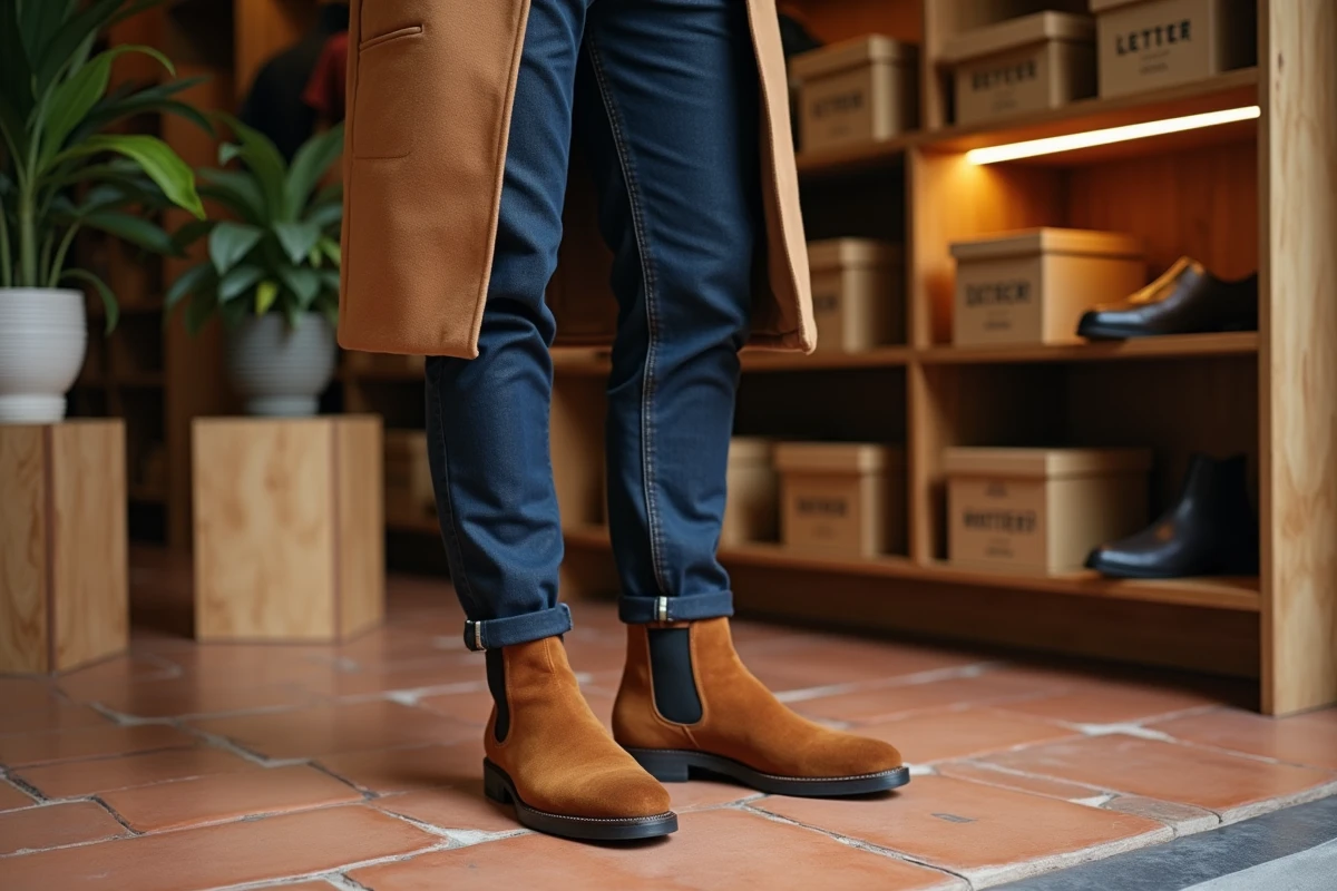 Homme en boots Chelsea en daim châtaigne d'une marque française dans une boutique de chaussures parisienne élégante et éco-responsable