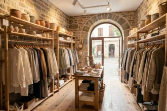 Intérieur d'une boutique de créateurs en Occitanie avec des vêtements artisanaux sur des portants en bois, des accessoires en céramique et des murs en pierre apparente