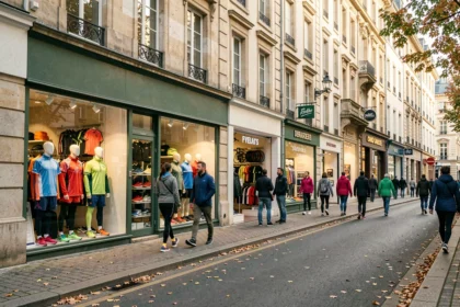 Vue d'une rue commerçante en Bourgogne-Franche-Comté avec plusieurs boutiques de vêtements de sport en vitrine