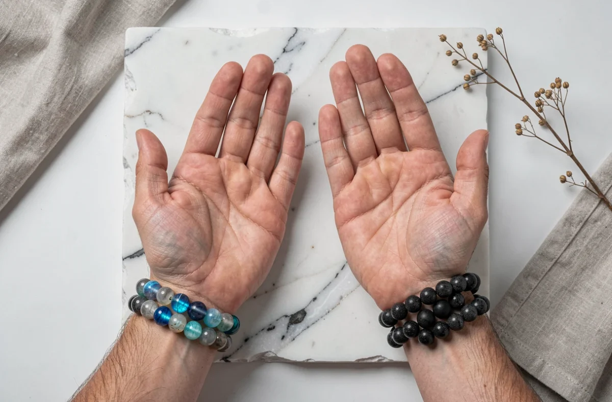 Vue aérienne de deux bracelets en pierres naturelles labradorite et obsidienne posés sur des mains masculines sur fond de marbre blanc