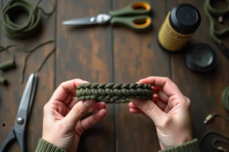 Bracelet paracord cobra weave vert olive et noir tenu dans les mains au-dessus d'un établi en bois avec matériaux de fabrication
