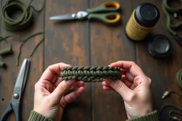 Bracelet paracord cobra weave vert olive et noir tenu dans les mains au-dessus d'un établi en bois avec matériaux de fabrication