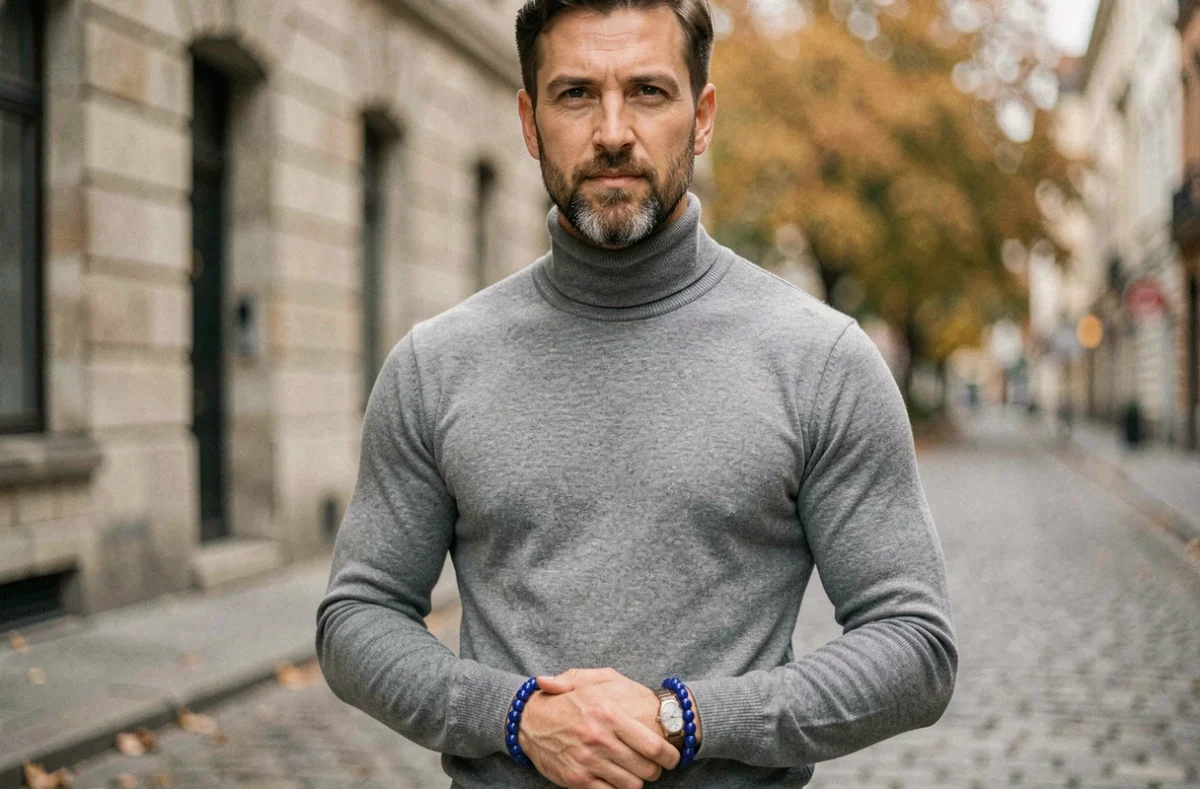 Homme en col roulé gris portant des bracelets en lapis lazuli et hématite dans une rue pavée européenne en automne