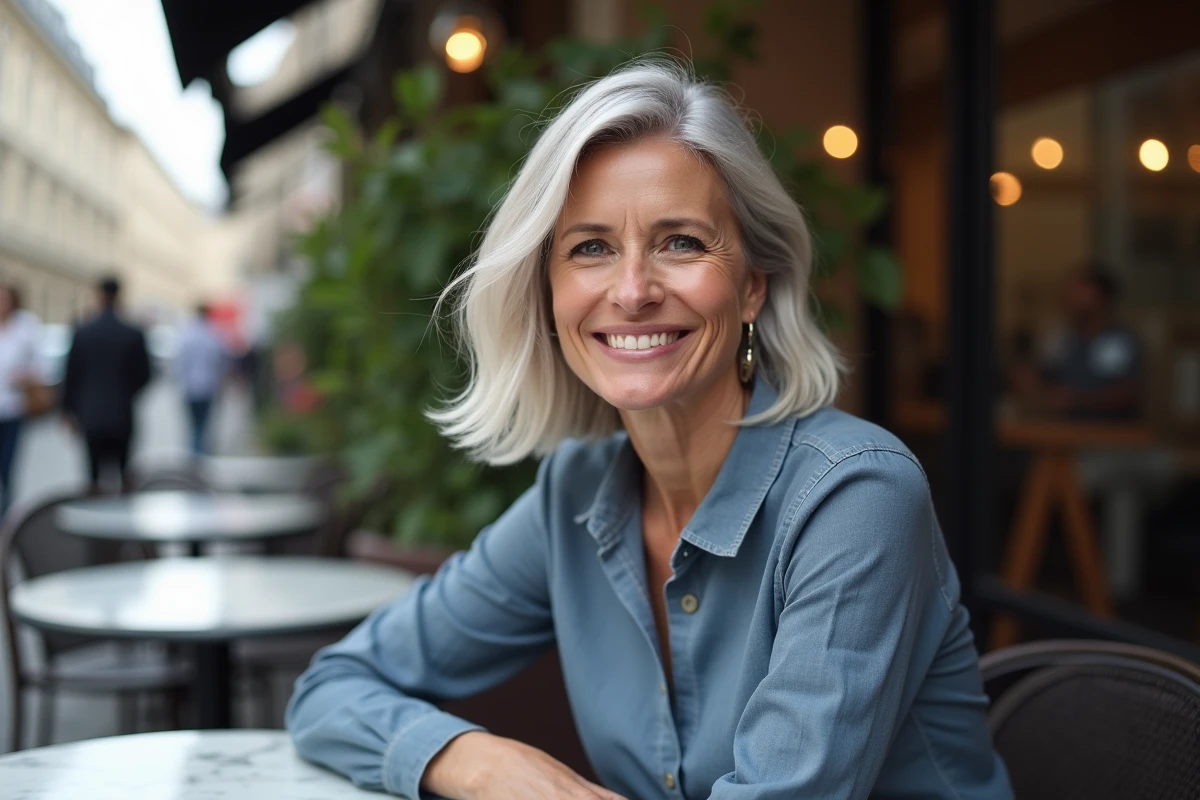 Femme d'âge moyen avec un carré court blond argenté assise en terrasse de café parisien