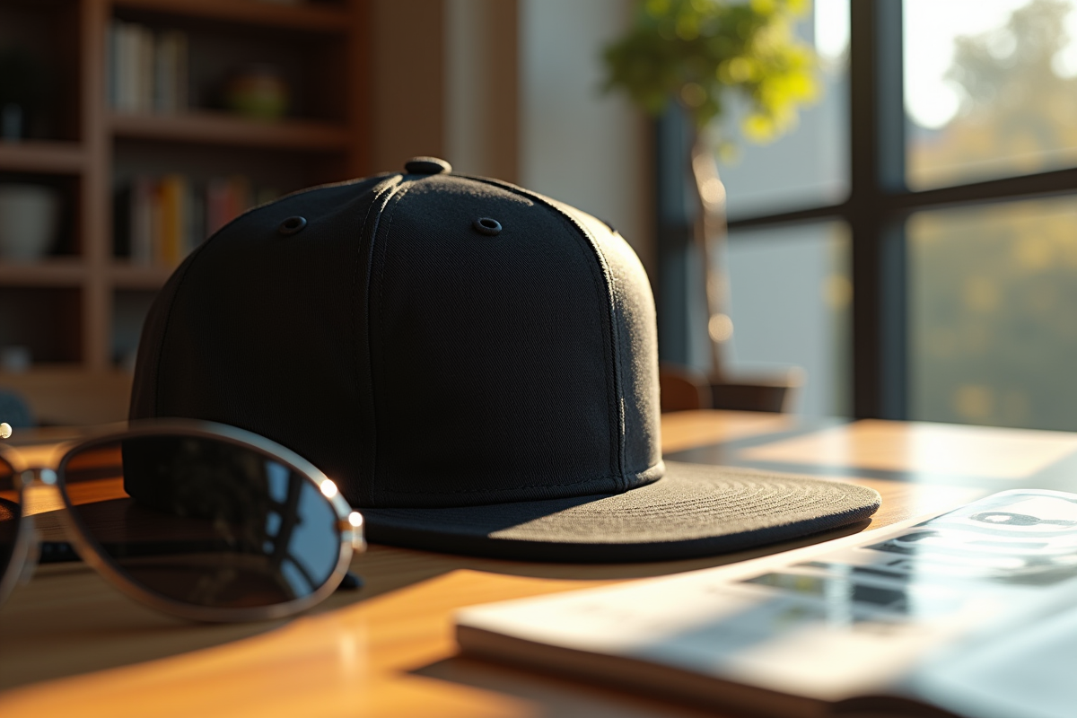 Casquette structurée sur une table en bois avec lunettes et magazine