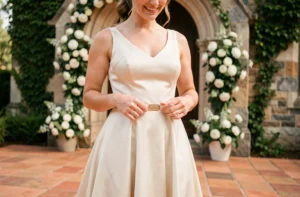 Femme portant une ceinture fine dorée sur une robe de mariée ivoire devant une chapelle en pierre décorée de fleurs blanches