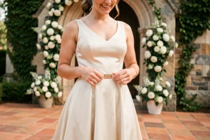 Femme portant une ceinture fine dorée sur une robe de mariée ivoire devant une chapelle en pierre décorée de fleurs blanches