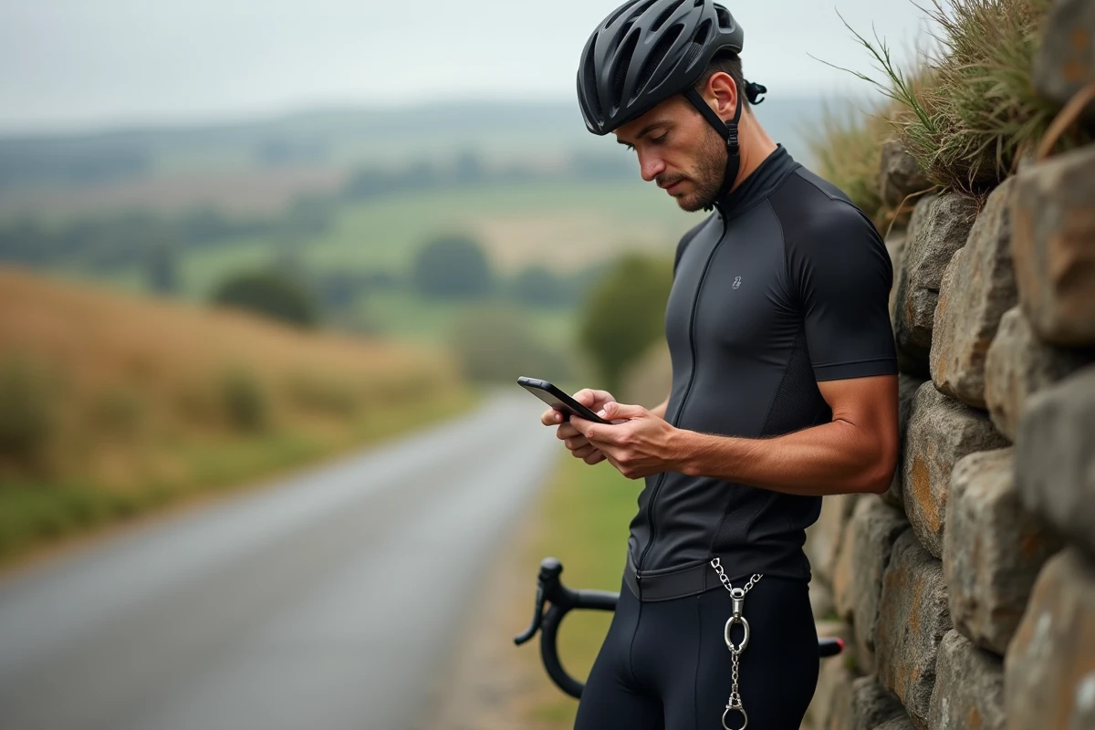 Cycliste masculin en tenue de sport vérifiant son téléphone portable attaché à une chaîne de sécurité fixée à ses shorts, en extérieur à la campagne