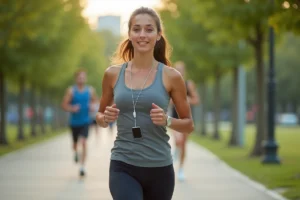 Femme qui court dans un parc urbain avec un téléphone portable sécurisé par une chaîne de sport portée en bandoulière, mains libres