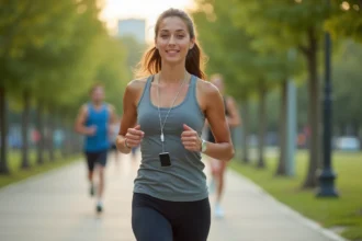 Femme qui court dans un parc urbain avec un téléphone portable sécurisé par une chaîne de sport portée en bandoulière, mains libres