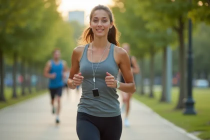 Femme qui court dans un parc urbain avec un téléphone portable sécurisé par une chaîne de sport portée en bandoulière, mains libres