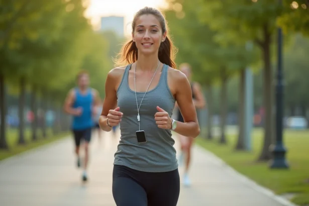 Femme qui court dans un parc urbain avec un téléphone portable sécurisé par une chaîne de sport portée en bandoulière, mains libres