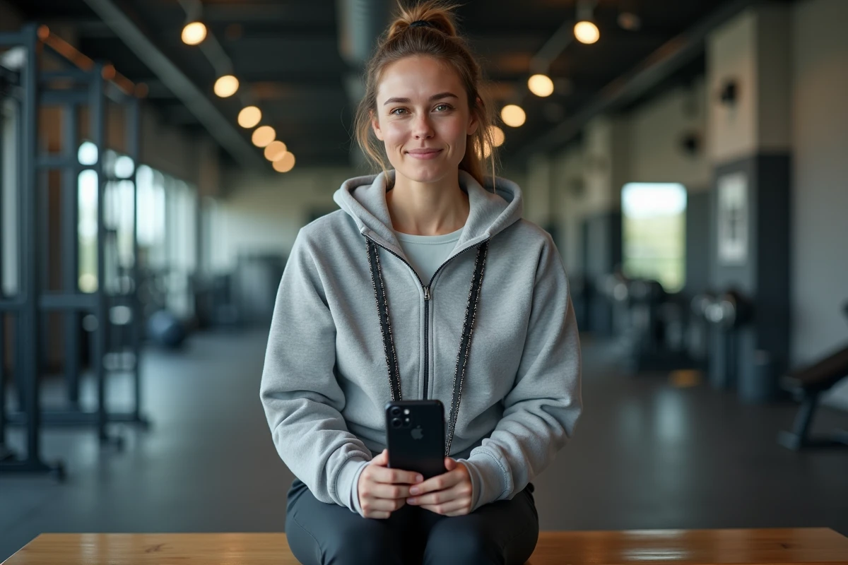 Femme au repos dans une salle de sport moderne avec un téléphone portable suspendu à une chaîne textile portée en bandoulière, mains libres sur le banc