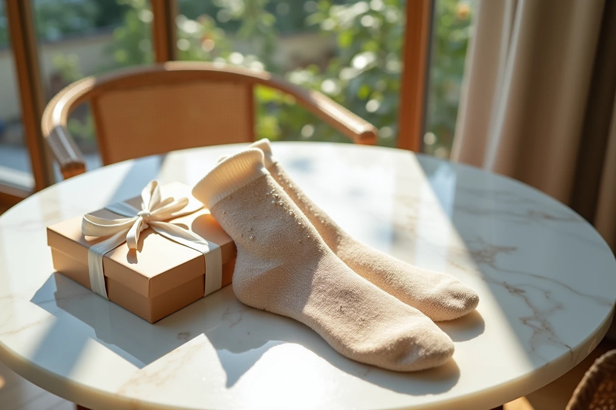Chaussettes paillettes posées sur une table en marbre