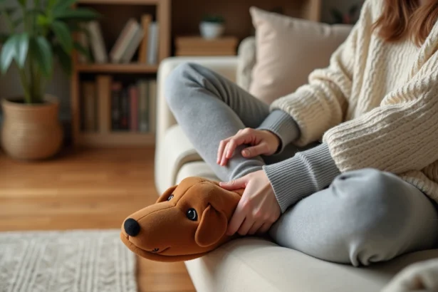 Femme enfilant un chausson en forme de teckel en peluche sur un canapé en lin beige dans un salon cosy