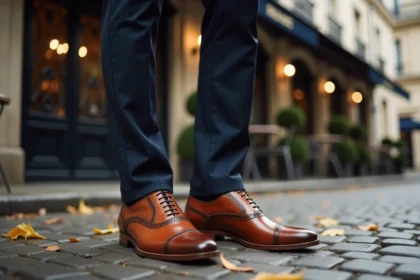 Homme élégant portant des chaussures Oxford en cuir cognac d'une marque française sur un trottoir pavé parisien en automne
