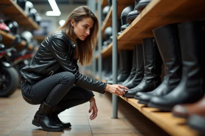 Jeune femme débutante à moto comparant des chaussures moto femme dans un magasin d'équipements