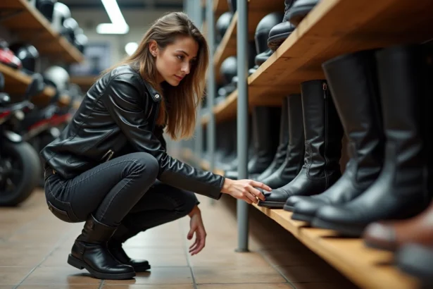 Jeune femme débutante à moto comparant des chaussures moto femme dans un magasin d'équipements