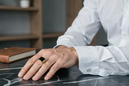 Chevalière homme onyx noire sobre portée au petit doigt sur fond de bureau en marbre sombre