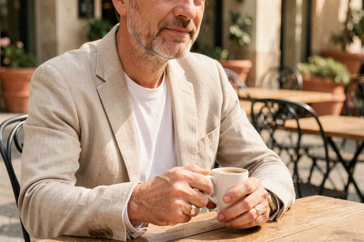 Homme en blazer en lin beige portant une chevalière en or blanc avec pierre, style casual chic à la terrasse d'un café européen