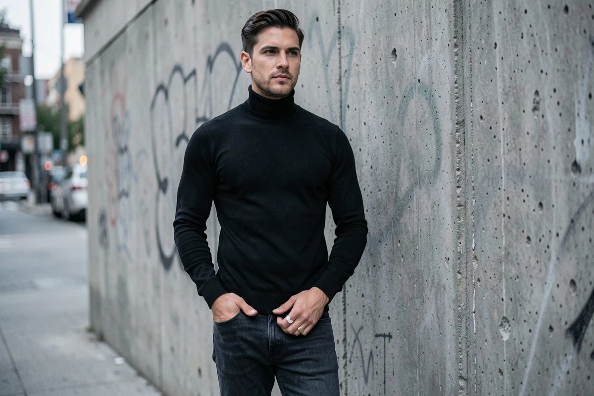Homme en tenue streetwear moderne portant une chevalière en or blanc minimaliste, style urbain contemporain devant un mur en béton brut