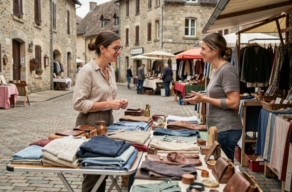 Stand de vêtements seconde main sur le marché de Chagny avec une vendeuse et une cliente en plein air