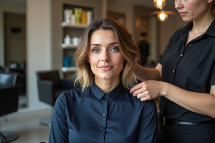 Femme en salon coiffure ajustant son bob avec styliste