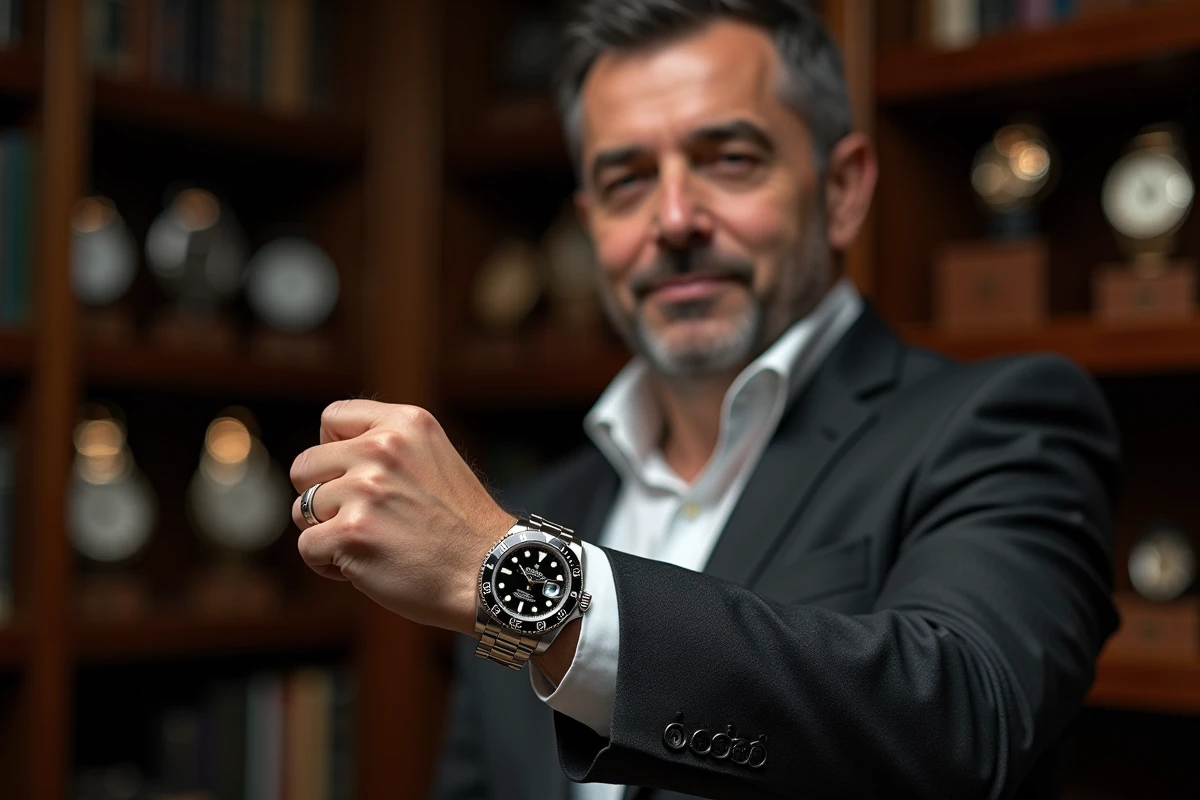 Collectionneur de montres en costume gris ardoise admirant sa Rolex GMT-Master II 126710GRNR dans un cabinet de curiosités horlogères