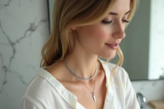 Femme portant un collier ras de cou en argent sterling sur une blouse blanche, posé sur la clavicule avec un chiffon à polir visible en arrière-plan