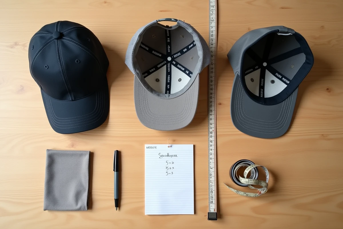 Vue aérienne de plusieurs casquettes avec leurs étiquettes de taille, un mètre ruban et un carnet de notes pour comparer les tailles