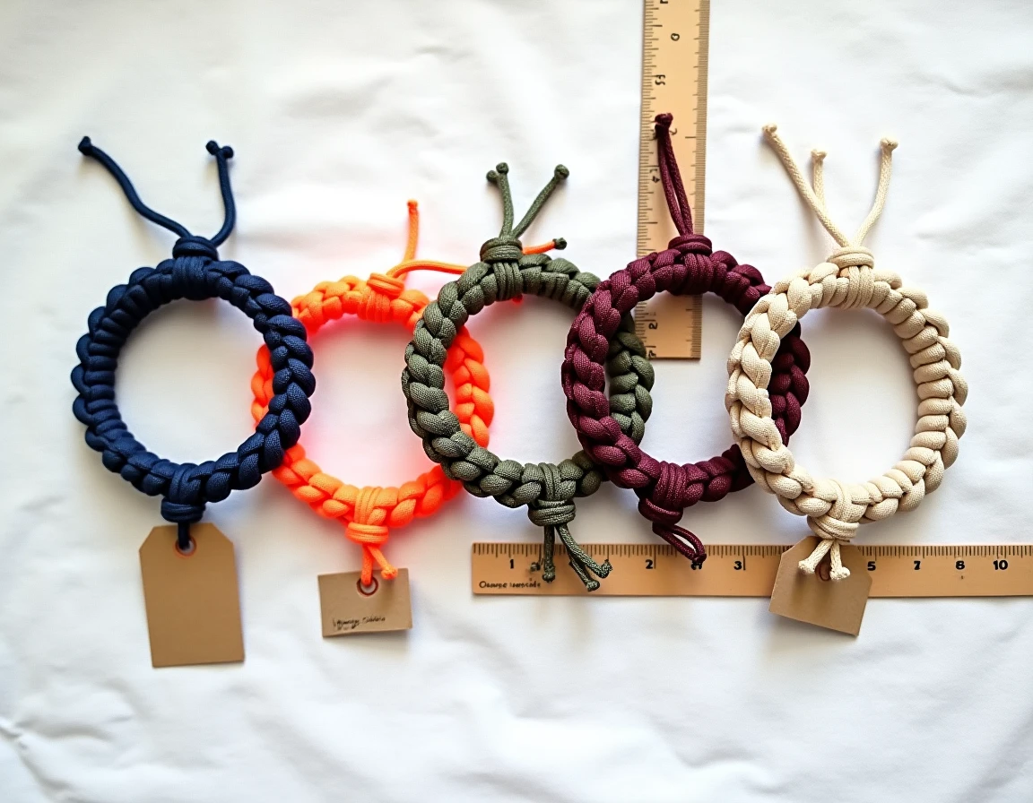 Cinq bracelets paracord de styles et couleurs différents disposés en arc sur lin blanc avec étiquette prix et règle pour comparaison