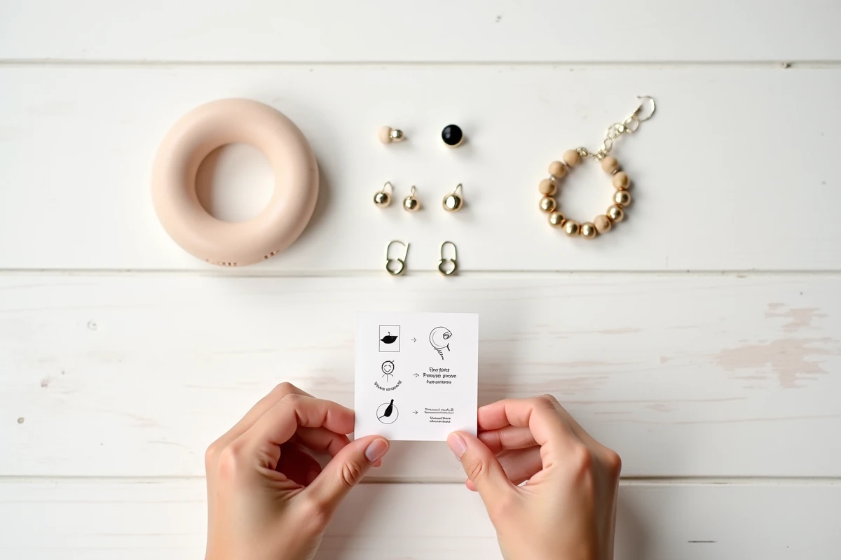 Vue à plat de bijoux pour enfants triés par matériaux sécurisés avec symboles de conformité, guide visuel pour choisir des bijoux enfants sans danger