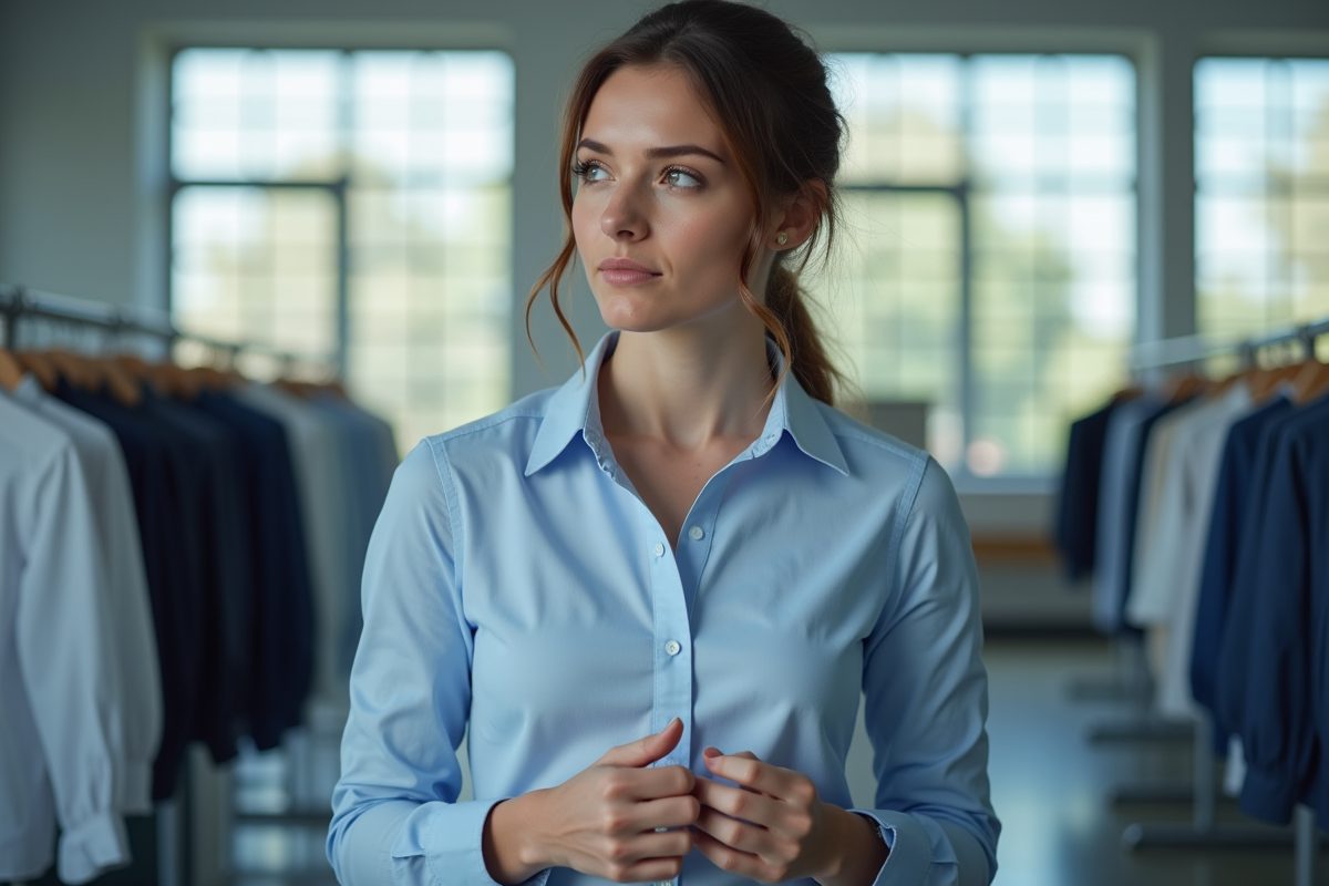 Femme inspectant un vêtement dans un bureau moderne
