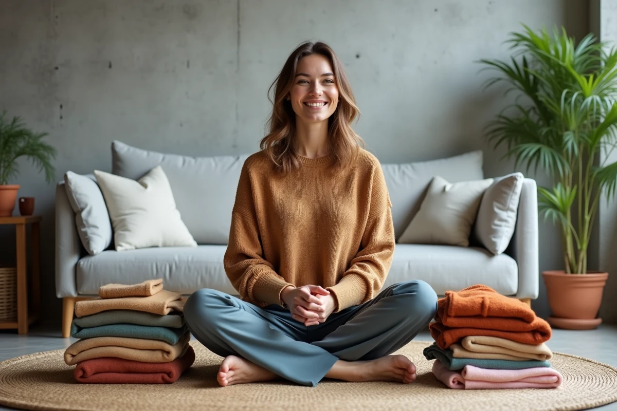 Femme en pull camel et pantalon bleu ardoise entourée de vêtements aux couleurs tendance Kiabi 2026 dans un salon minimaliste