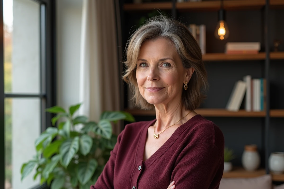 Femme mature avec une coupe courte en dégradé brun et mèches grises portant un cardigan bordeaux dans un intérieur contemporain