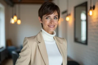 Femme aux cheveux courts en coupe pixie sombre portant un blazer crème dans un salon de coiffure moderne parisien